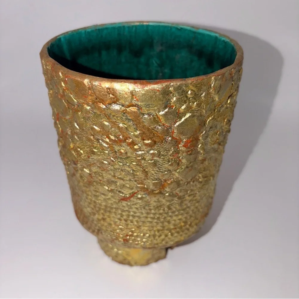 Handmade 20th Century Gold Textured Ceramic Vase | Sculptural Artisan Pottery